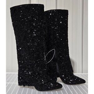 A New Day Abba Black Sequin Covered Foldover Knee High Evening Boots